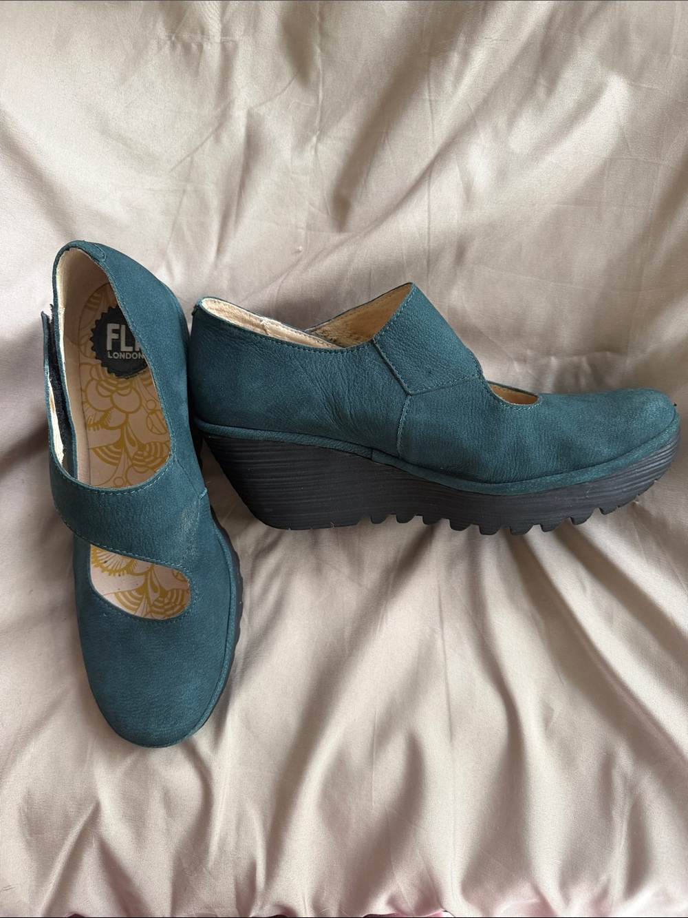 Fly London Teal Suede Platform Mary Jane Wedges
